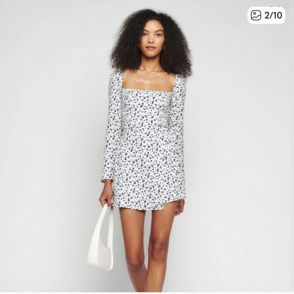 NWT Reformation Rosalie Mini White Dress Blue Floral Size 8 - Picture 6 of 13